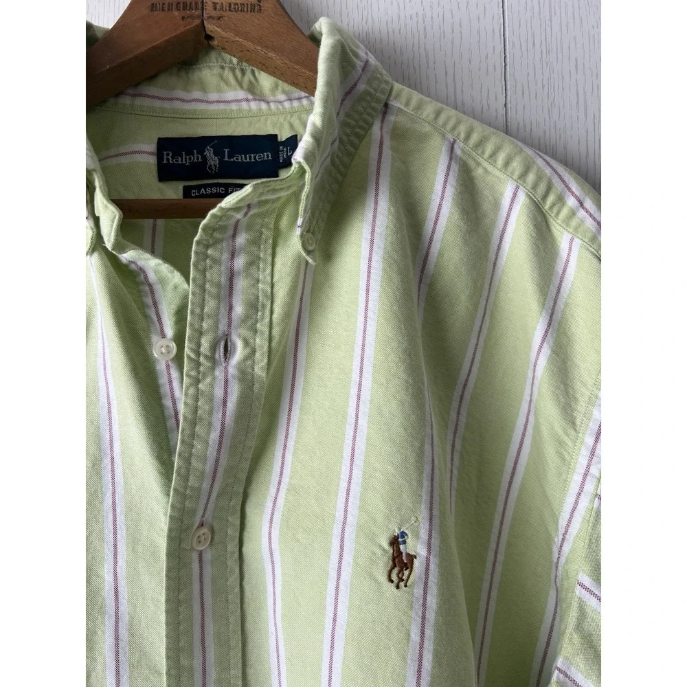 Ralph Lauren Shirt Mens L Green Stripe Oxford Classic Fit Button Down Flesh Pony